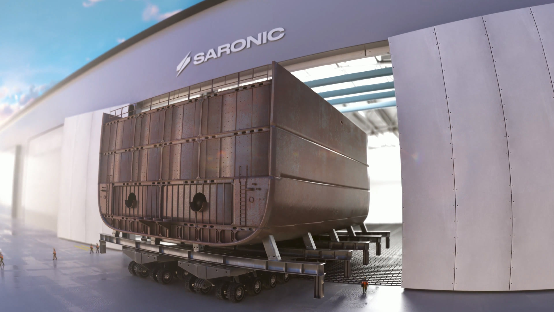 Rendering of a completed hull block leaving a Port Alpha assembly hall on a modular transporter