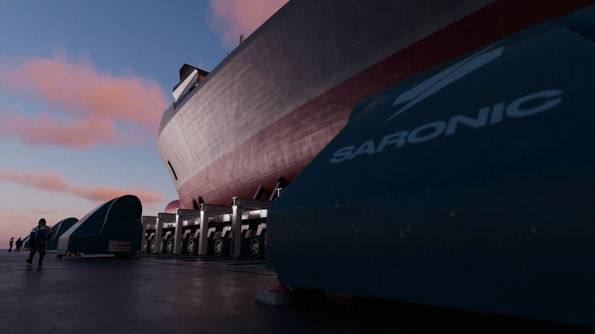 Rendering of a ship hull carried on Saronic modular transporters at dusk