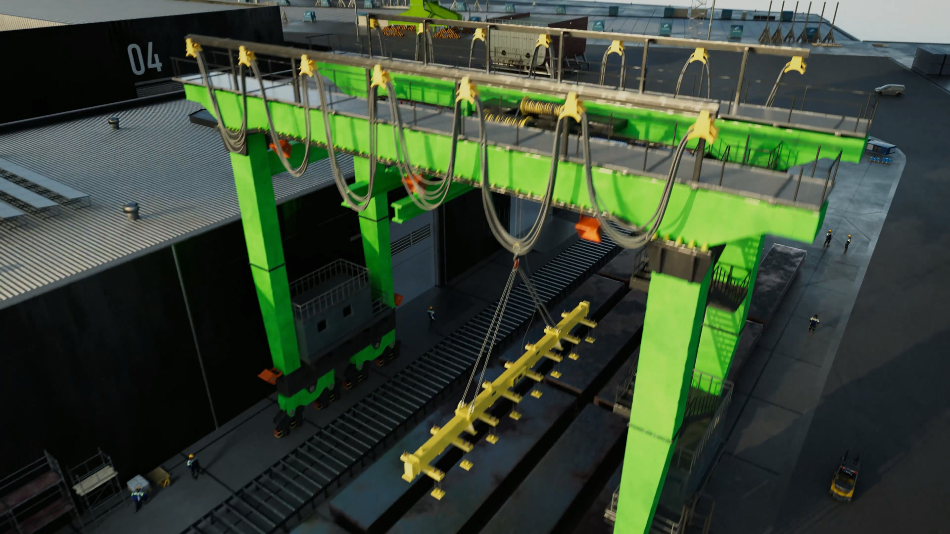Overhead rendering of gantry cranes and lifting gear above a Port Alpha production line