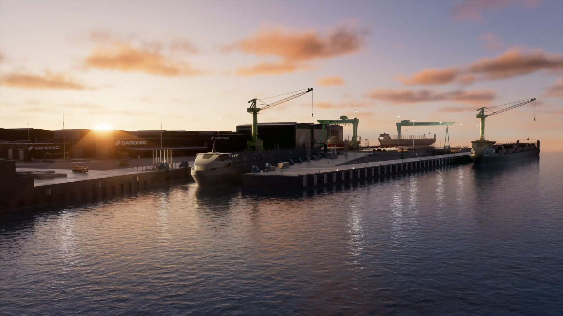 Rendering of Port Alpha’s waterfront at sunset: the deepwater quay, gantry cranes and vessels at berth